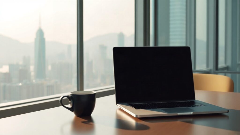 A modern office desk with a closed laptop and a cup of coffee, large window in the background showing the Hong Kong skyline at soft morning light, no people, no logos, no screen te – Symbolbild, KI-erzeugt