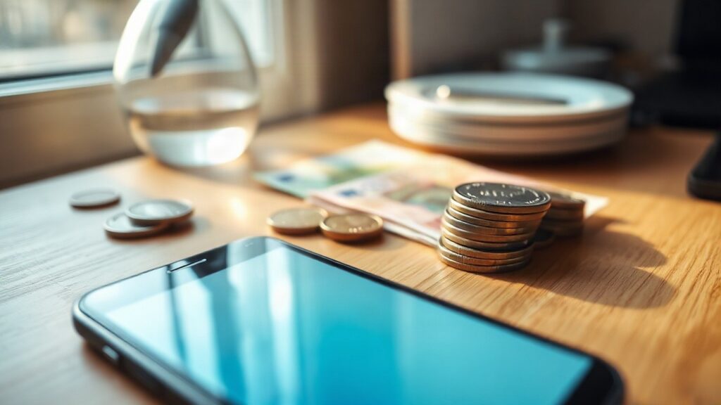 Ein Smartphone mit Banking-App liegt neben Euromünzen auf einem Holztisch, passend zum Thema Chase Zinsen 4 Prozent beim Tagesgeld – Symbolbild, KI-erzeugt