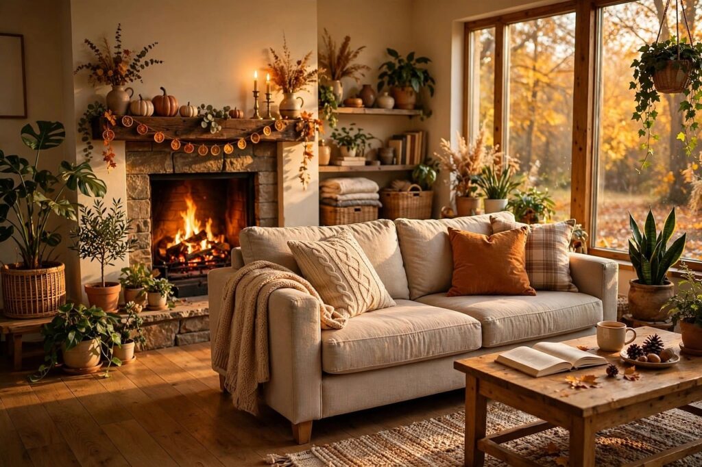 Eine herbstlich dekorierte Wohnzimmerecke mit Kerzen und Kürbis zeigt, wie Deutsche mit kleinem Herbst-Deko-Budget ihr Zuhause gemütlich gestalten – Foto: MUSIC_AND_WALLPAPER / Pixabay