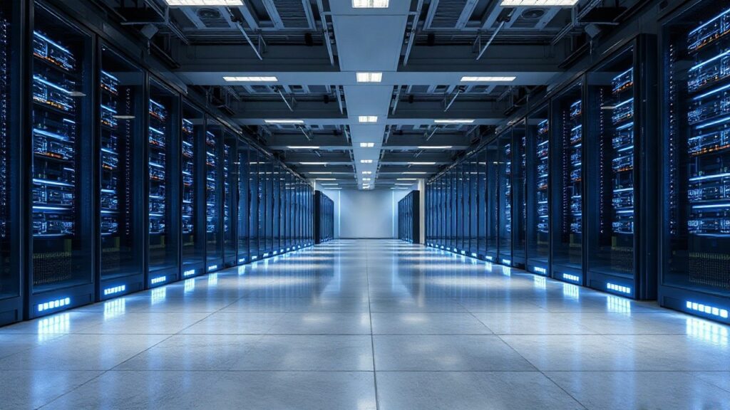 A modern data center server hall in Poland, rows of server racks with blinking status lights, cool blue-white LED lighting, clean concrete floor, wide-angle view, no people, no tex – Symbolbild, KI-erzeugt