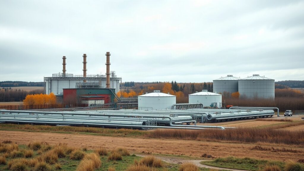 Industrielle Gasspeicheranlage mit Rohren und Tanks, deren Prozent-Füllstand aktuell unter dem EU-Ziel liegt – Symbolbild, KI-erzeugt