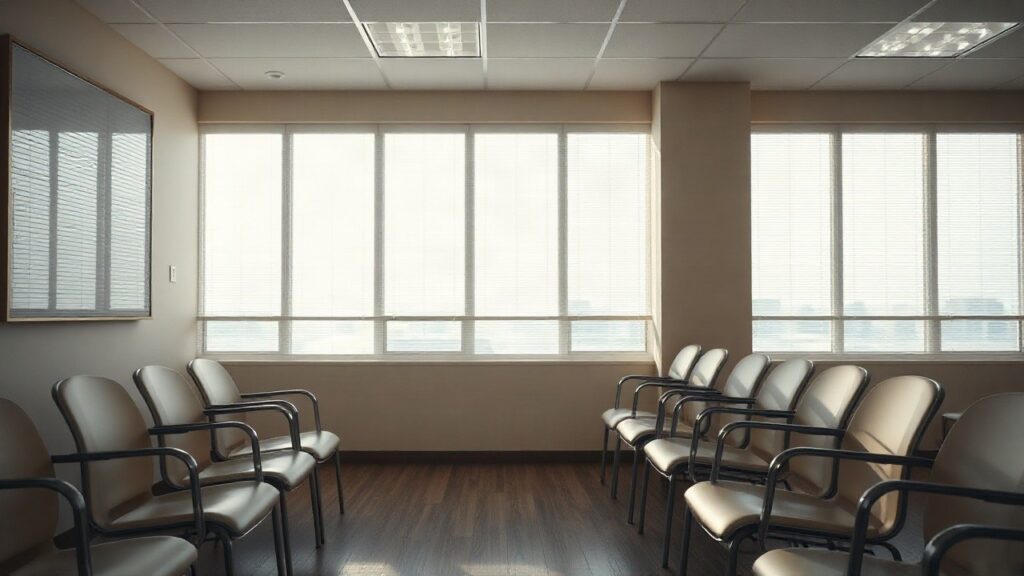 Ein leerer Wartebereich in einer Arztpraxis steht sinnbildlich für die sinkende Zufriedenheit mit dem Gesundheitssystem – Symbolbild, KI-erzeugt