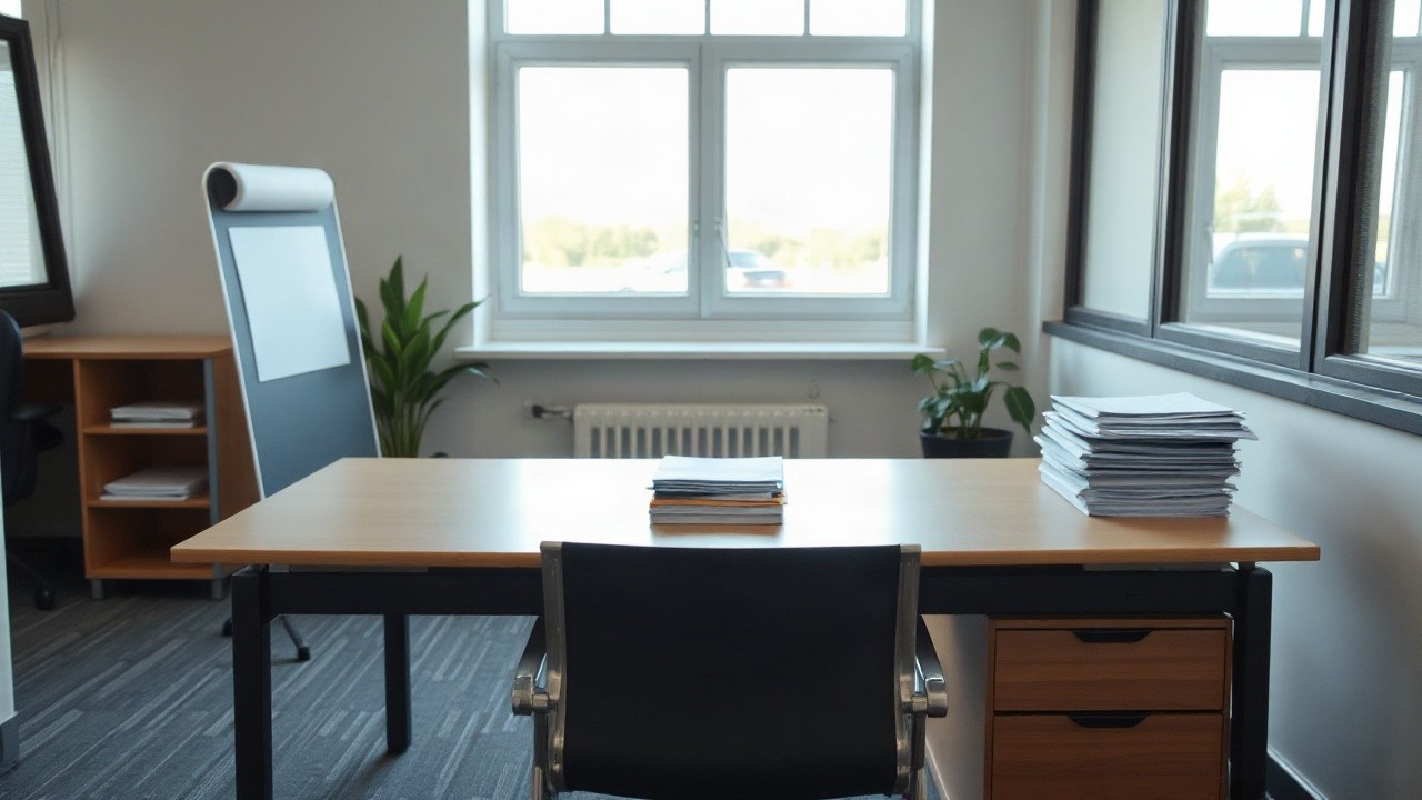 Ein leerer Schreibtisch mit Aktenstapeln in einem Verwaltungsgebäude symbolisiert den Personalmangel im öffentlichen Dienst – Symbolbild, KI-erzeugt