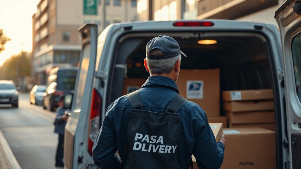 Ein Postbote lädt im Morgenlicht Pakete in einen Lieferwagen, während für Millionen Beschäftigte die Tarifrunde 2027 ansteht – Symbolbild, KI-erzeugt
