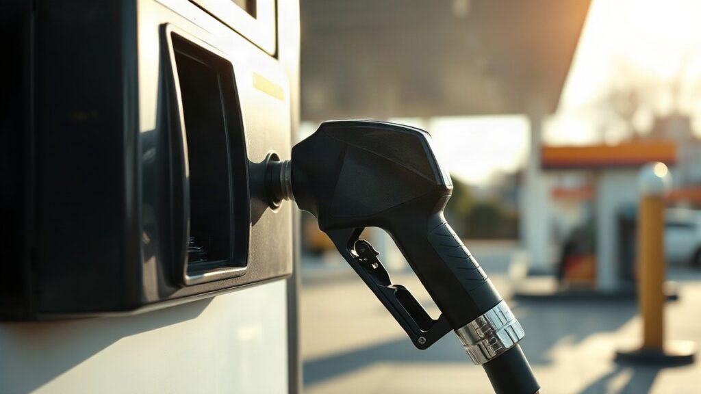 A close-up photograph of a diesel fuel pump nozzle at a petrol station forecourt, soft morning light, no people, no text visible, realistic documentary style, wide 16:9 framing – Symbolbild, KI-erzeugt