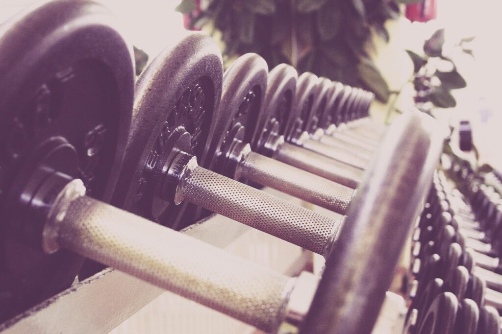 Hantelscheiben und Gewichte in einem leeren Fitnessstudio stehen sinnbildlich für die steigenden Kraftsport-Verletzungen in Österreich – Foto: markusspiske / Pixabay