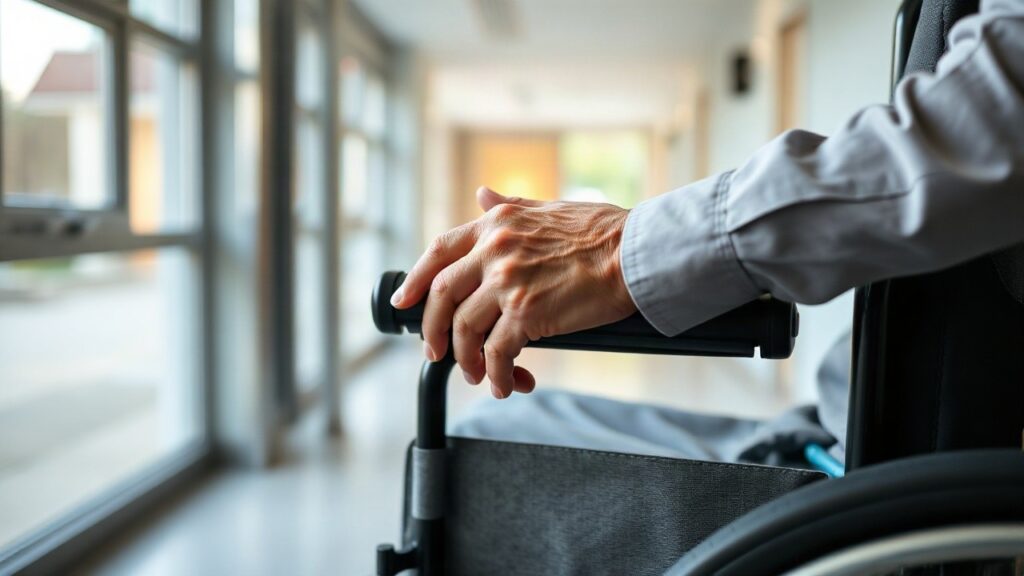 A close-up of an elderly person's hands resting on a wheelchair armrest in a bright, modern care facility hallway, soft natural daylight through large windows, no visible faces, sh – Symbolbild, KI-erzeugt