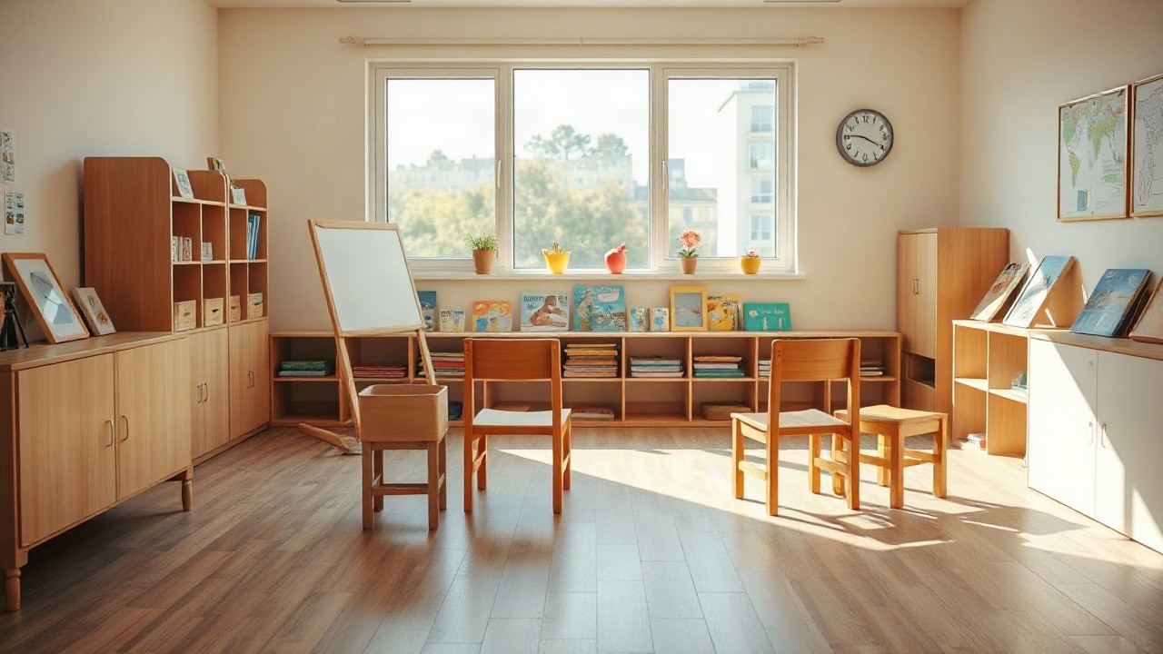 A bright, colorful kindergarten classroom interior with small wooden chairs, building blocks and picture books neatly arranged on a low shelf, soft morning daylight coming through – Symbolbild, KI-erzeugt