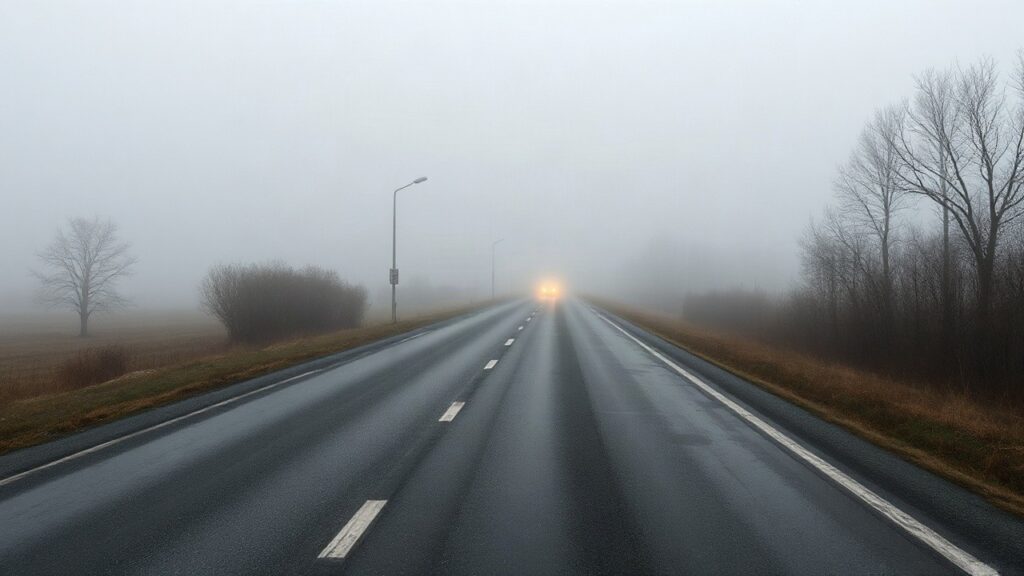 Eine Landstraße in Österreich verschwindet im dichten Nebel, ein Sinnbild für die vielen Nebelunfälle in Österreich im Jahr 2025 – Symbolbild, KI-erzeugt