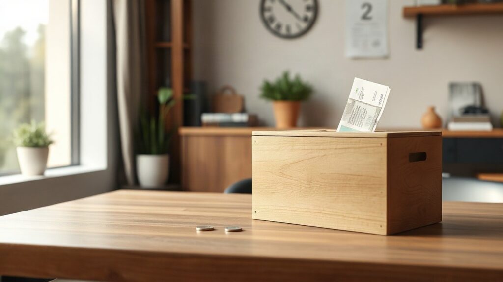 Eine Holzspendenbox mit Münzen auf einem Tisch symbolisiert das Vereinsvermögen, das viele Vereine bei Banken liegen lassen – Symbolbild, KI-erzeugt