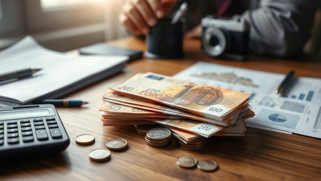 Stapel von Euro-Banknoten und Münzen auf einem Schreibtisch symbolisieren die Milliarden an Steuervergünstigungen in Deutschland – Symbolbild, KI-erzeugt