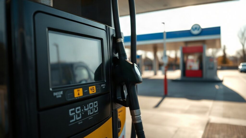 Eine Zapfsäule auf einem Tankstellengelände im Mittagslicht, Symbolbild zu den 780 Tankstellen mit Verstößen gegen die 12-Uhr-Regel – Symbolbild, KI-erzeugt