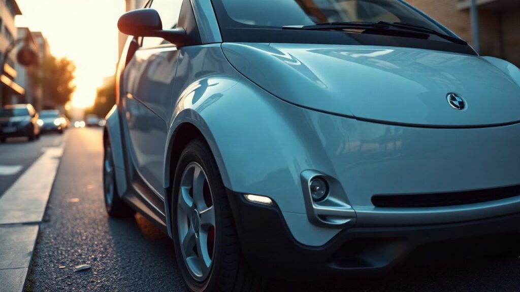 Ein kompakter Elektro-Kleinwagen steht auf einer ruhigen Straße, Sinnbild für günstiges E-Auto-Leasing – Symbolbild, KI-erzeugt