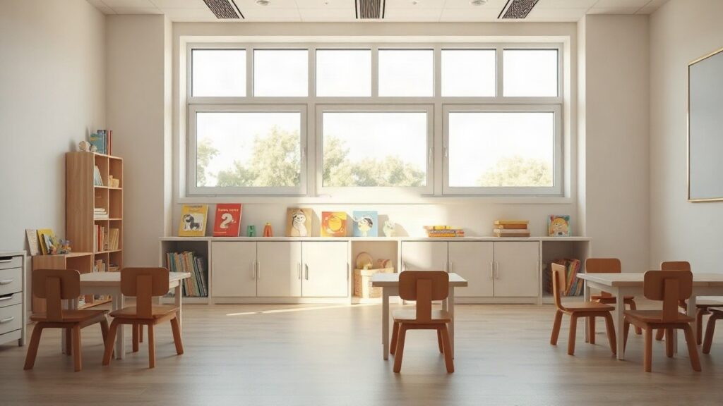 Ein helles, leeres Kindergartenzimmer symbolisiert die frühkindliche Bildung, um die es beim Start-Chancen-Gesetz geht – Symbolbild, KI-erzeugt