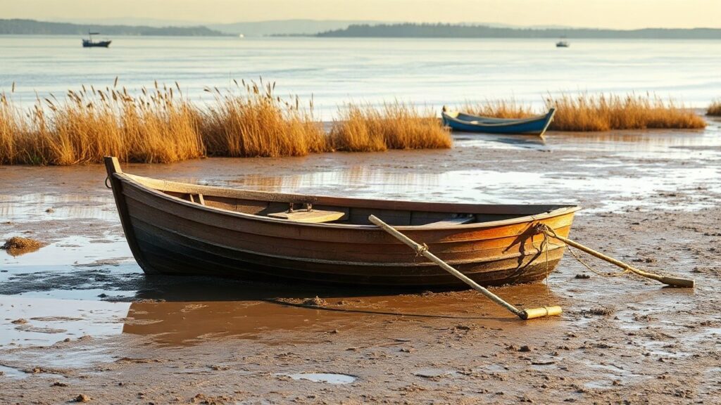 Das Bild zeigt ein Boot, das im trockenen Schlamm des Neusiedler Sees feststeckt – ähnlich wie derzeit 80 Prozent der Boote beim Kranen in Rust – Symbolbild, KI-erzeugt