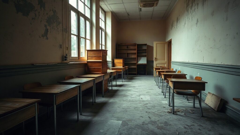 A worn French secondary school classroom corridor with peeling paint, old wooden desks stacked near a window, soft overcast daylight coming through tall windows, no people visible, – Symbolbild, KI-erzeugt