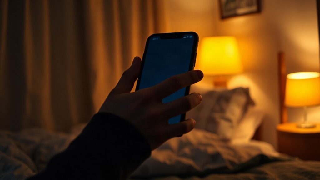 A teenager's hand holding a smartphone in a dimly lit bedroom at night, screen glow illuminating the fingers, no face visible, close-up, warm ambient light, shallow depth of field – Symbolbild, KI-erzeugt