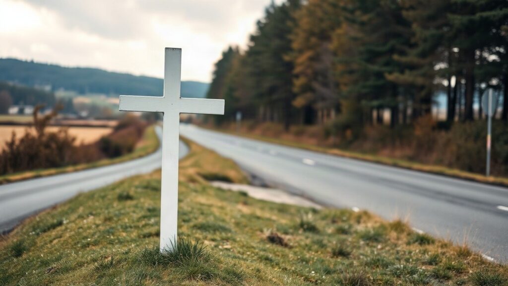 Ein weißes Kreuz am Straßenrand erinnert an eine der Unfallstellen, die mit den 912 weißen Kreuzen in der Steiermark markiert wurden – Symbolbild, KI-erzeugt