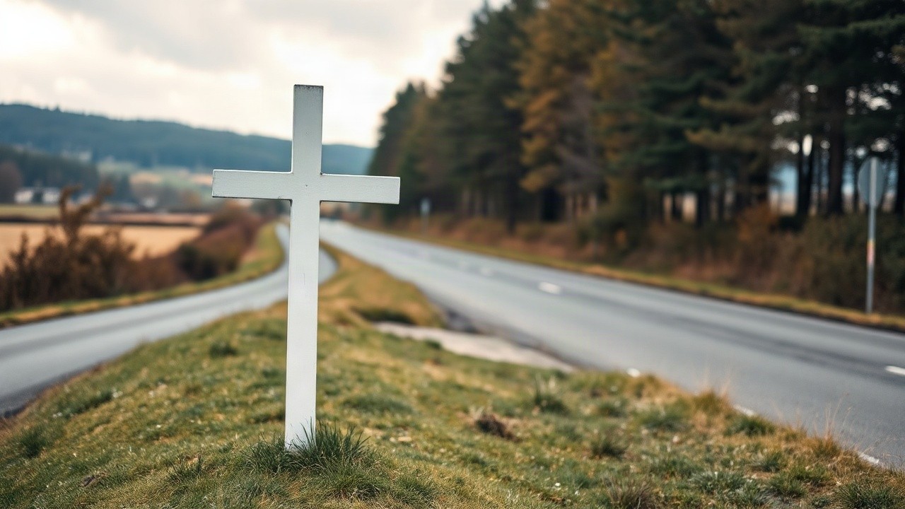 Ein weißes Kreuz am Straßenrand erinnert an eine der Unfallstellen, die mit den 912 weißen Kreuzen in der Steiermark markiert wurden – Symbolbild, KI-erzeugt