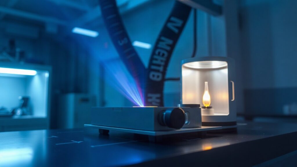 Laboraufbau mit Laseroptik, wie er für die Präzision der neuen Atomkernuhr genutzt wird – Symbolbild, KI-erzeugt