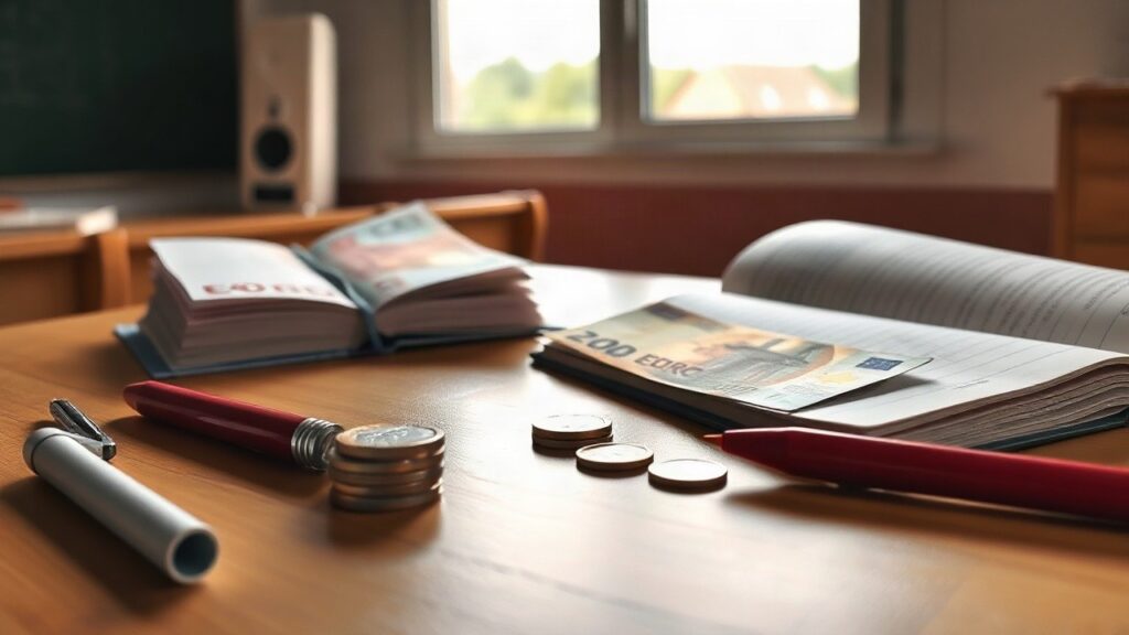 Euro-Geldscheine liegen auf einem Lehrerpult neben Kreide und einem Notenbuch als Sinnbild für die Nachzahlung bei der Besoldung von Lehrkräften – Symbolbild, KI-erzeugt