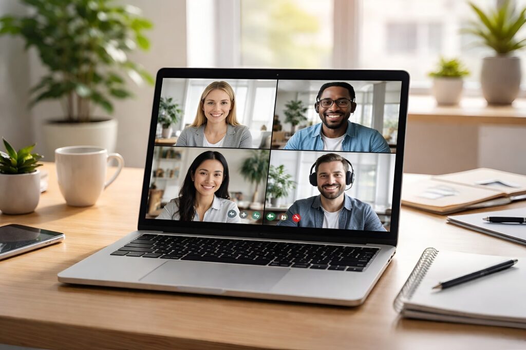 Ein Laptop mit aktivierter Webcam auf einem Schreibtisch symbolisiert die Deepfake-Erkennung in Videokonferenzen – Foto: konkapo / Pixabay
