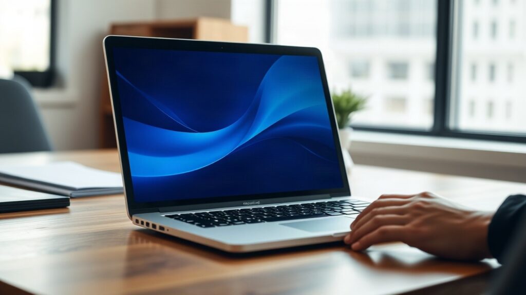 A laptop computer displaying a generic abstract blue interface on a wooden office desk, soft daylight from a window, no people, no text visible on screen, shallow depth of field, p – Symbolbild, KI-erzeugt