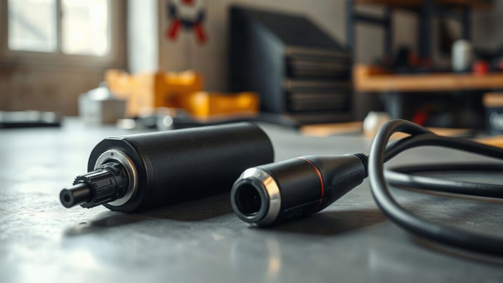 Eine Lithium-Ionen-Batteriezelle und ein Ladekabel liegen auf einer Werkbank, symbolisch für die Diskussion um die Lithium-Aktie von Elektros – Symbolbild, KI-erzeugt