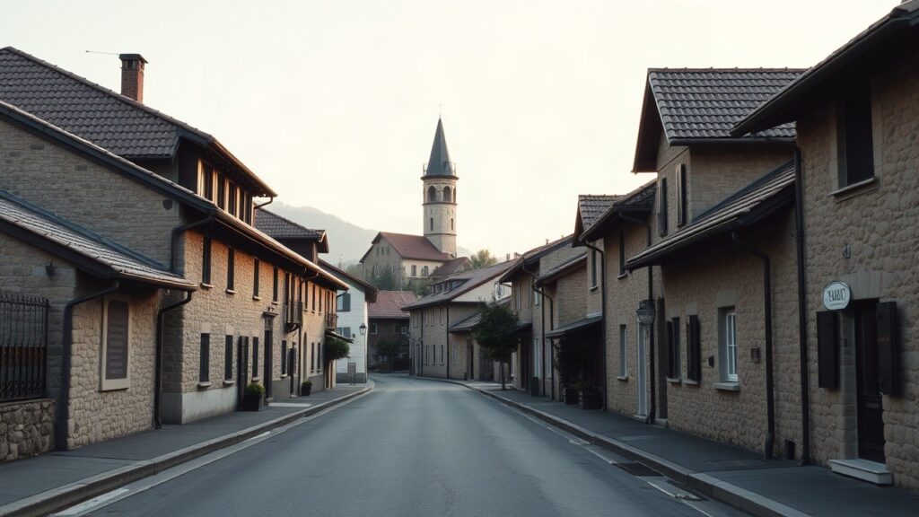 Ruhige Straße in einer Tiroler Kleinstadt am Morgen, Schauplatz der jüngsten Erdbeben in Tirol – Symbolbild, KI-erzeugt