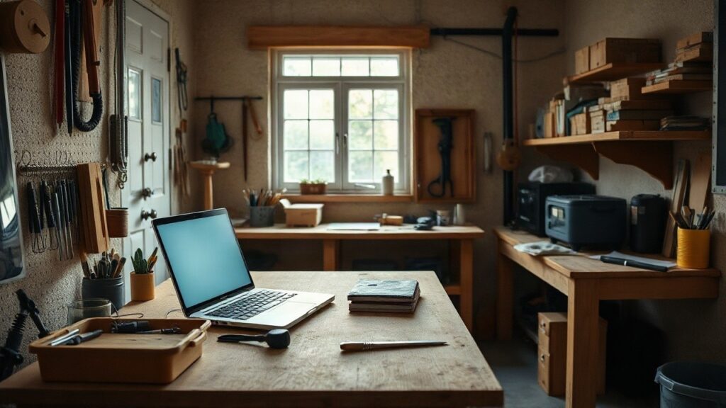 Werkbank in einem Familienunternehmen mit Laptop, die für die Resilienz von Familienunternehmen im digitalen Wandel steht – Symbolbild, KI-erzeugt