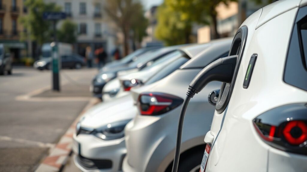 Mehrere Elektroautos an einer Ladesäule zeigen den Anstieg der E-Auto-Neuzulassungen im Straßenbild – Symbolbild, KI-erzeugt