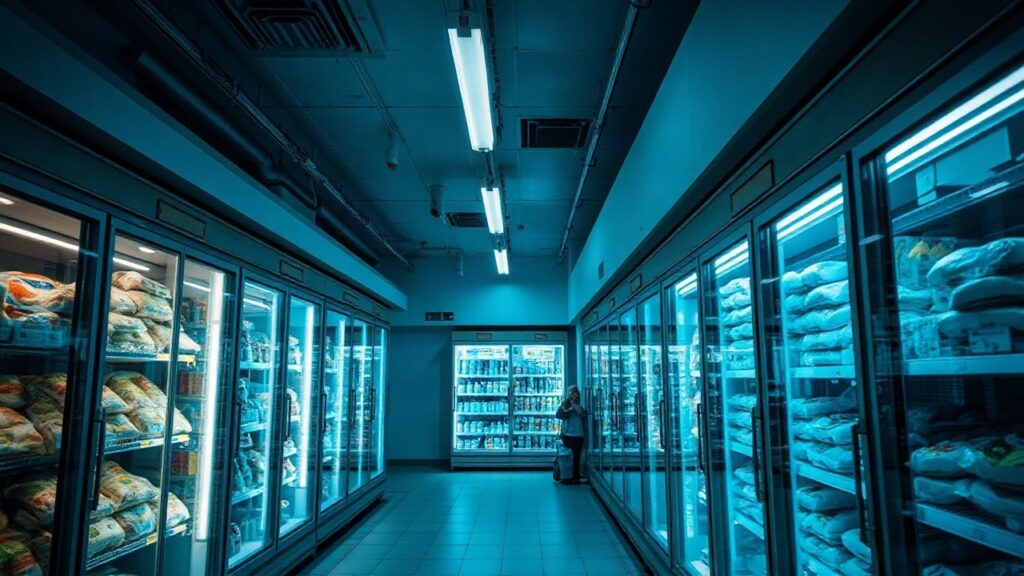 Gekühlte Supermarktregale mit Tiefkühlware stehen im Fokus, nachdem ein Cyberangriff auf Supermärkte die Kühlketten in Frankreich störte – Symbolbild, KI-erzeugt