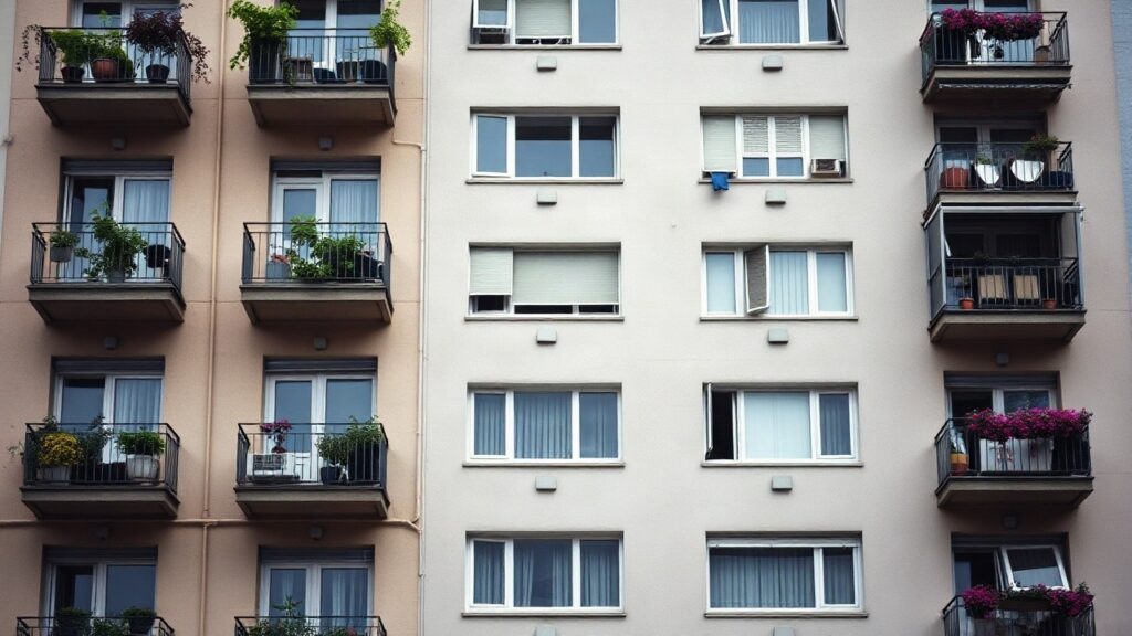 Mehrstöckiges Wohnhaus mit Balkonen symbolisiert den aktuellen Mietanstieg bei den Wohnungsmieten in deutschen Städten – Symbolbild, KI-erzeugt