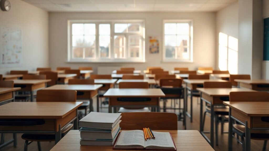 Leere Schulbank mit aufgeschlagenen Heften im Klassenzimmer, Symbolbild zur PISA-Studie 2025 über sinkende Schülerleistungen – Symbolbild, KI-erzeugt