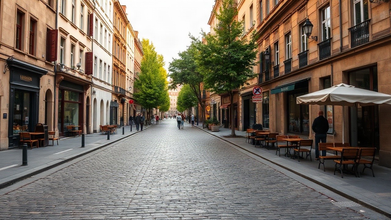 A wide cobblestone pedestrian street in a European old town with historic facades, outdoor cafe tables, green park trees in the background, soft morning light, no people's faces vi – Symbolbild, KI-erzeugt