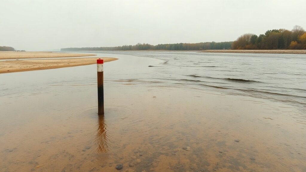 Ein nahezu trockenes Flussbett zeigt, wie niedrig der Rheinpegel bei Kaub derzeit steht – Symbolbild, KI-erzeugt