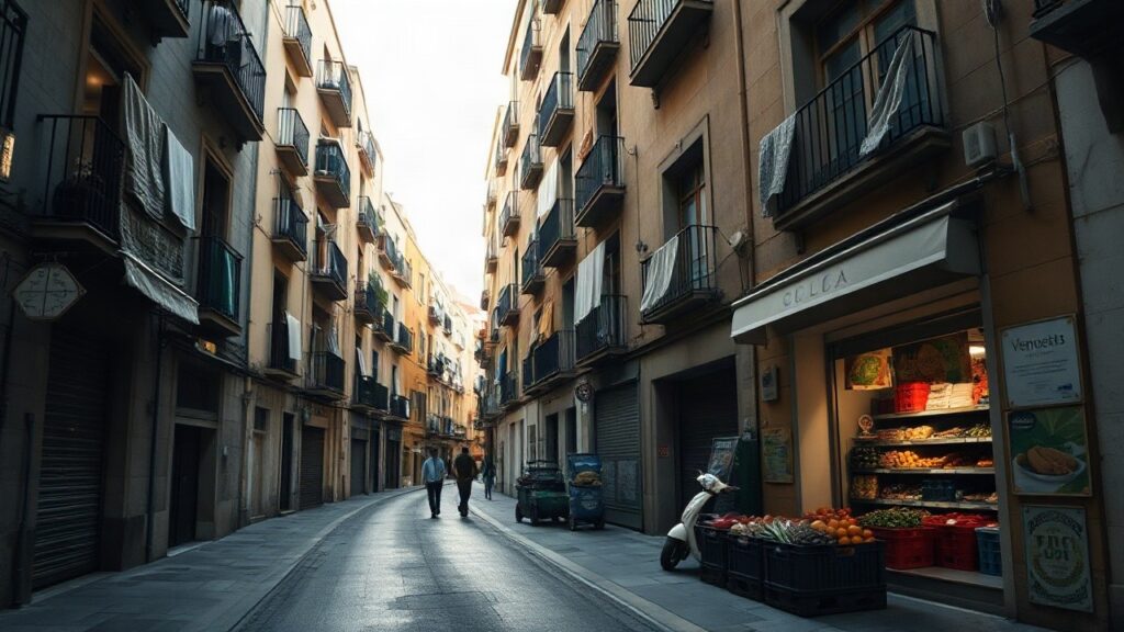 Eine spanische Wohnstraße mit Balkonen und einem kleinen Lebensmittelladen steht sinnbildlich für das spanische Wirtschaftswachstum und steigende Lebenshaltungskosten – Symbolbild, KI-erzeugt