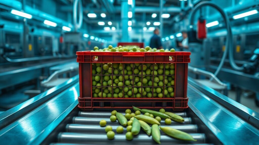Tiefkühlgemüse auf einem Förderband in einer Verarbeitungshalle, symbolisch für die 80 Prozent Marktanteil eines einzigen Werks in Österreich – Symbolbild, KI-erzeugt