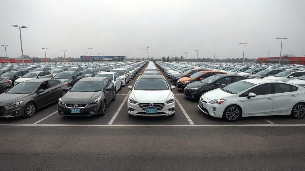A row of unsold new cars parked in a large outdoor dealership storage lot in China, overcast daylight, wide asphalt area, no people, no text, no logos visible, wide-angle horizonta – Symbolbild, KI-erzeugt