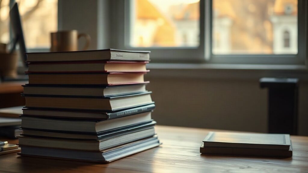 A stack of hardcover books on a wooden desk near a window, soft morning light, no visible titles or text on the covers, shallow depth of field, cozy reading atmosphere – Symbolbild, KI-erzeugt