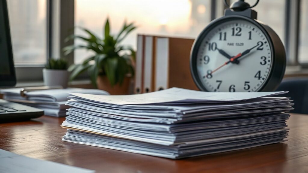Dokumente und eine Uhr auf einem Schreibtisch symbolisieren die Debatte um die Zuschlagsbesteuerung bei Nacht- und Feiertagsarbeit – Symbolbild, KI-erzeugt