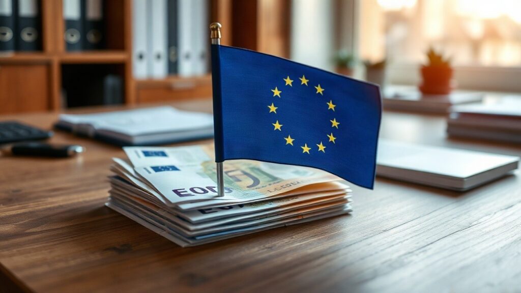 Euro-Banknoten liegen neben einer EU-Flagge auf einem Schreibtisch und stehen sinnbildlich für das EU-Budget von zwei Billionen Euro – Symbolbild, KI-erzeugt
